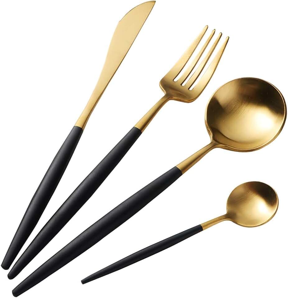 Buyer Star Gold Besteck Edelstahl Golden Messer Gabel mit Schwarz Griff Geschirr Set Utensilien Cutlery Besteckset for 1