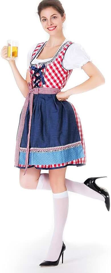 Dirndl Damen midi Trachtenkleid Trachtenmode Trachtenrock Kleid inkl. Dirndlbluse Dirndlschürze Strümpfe 4 teilig für Oktoberfest Besondere Anlässe