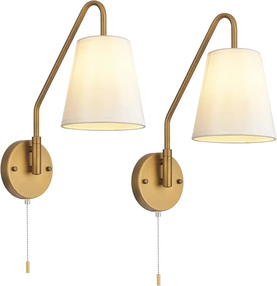 PASSICA DECOR Swing Arm Wall Sconces Set of 2 Hardwired 180 Degree Left and Right Wall Light with Pull Chain Antique Brass Wall Sconce Fabric Lighting Vintage for Bedroom Farmhouse Living Room