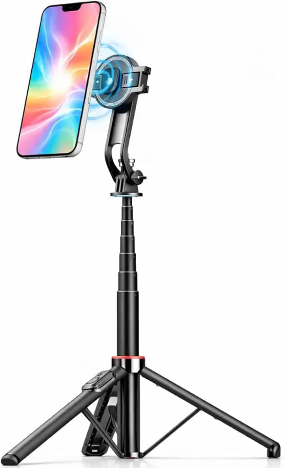 AMAYO 130cm 2-in-1 Selfie Stick Stativ für MagSafe iPhone - Dual Halterung (Magnet und Clip) mit Bluetooth Fernbedienung, Ausziehbarer Tripod für Reisen, Vlogging, Selfies und Kamera (Schwarz)