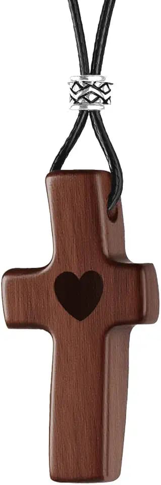 Welhouse Cross My Heart Wood Cross Pendant Necklace For Men Women Christian Gift Necklace Handcrafted