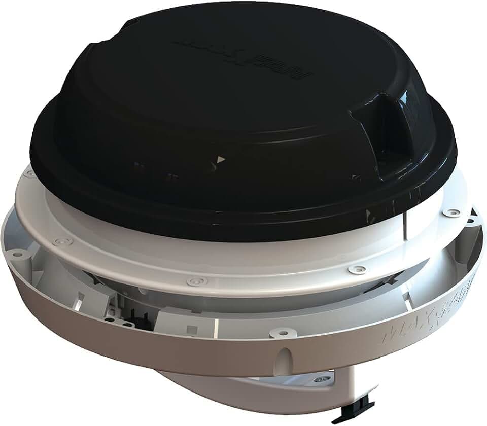 MAXXAIR Maxxfan Dome Plus with LED Light, 6"" Round 12V Ventilation Fan - Compact Solution for Rooftop or Sidewall Ventilation, Exhaust Only, Fan Guard Rain Shield, Moisture Control, Black (00-03810B)