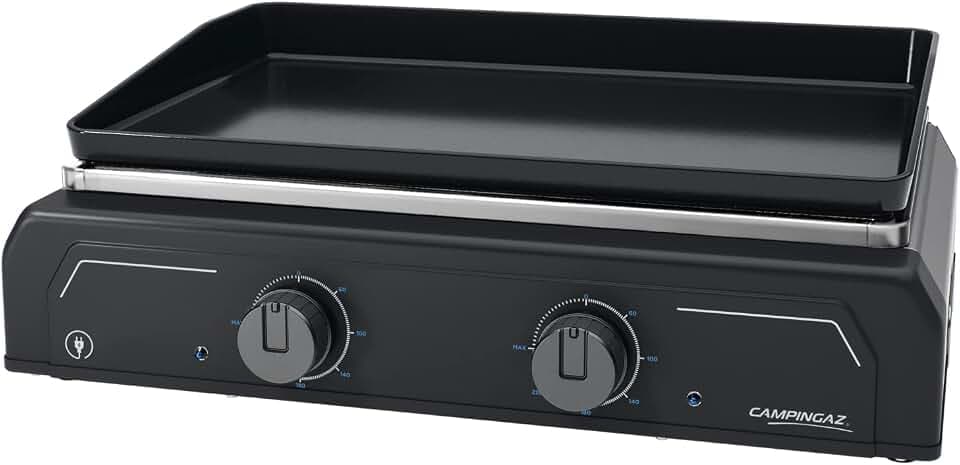 Campingaz Plancha Electric 2 XD Elektrischer Tischgrill mit Gusseisenplatte und 2 separaten Kochzonen, Leistung 3400 W, ideal für mediterranes Grillen, 3000006756 schwarz