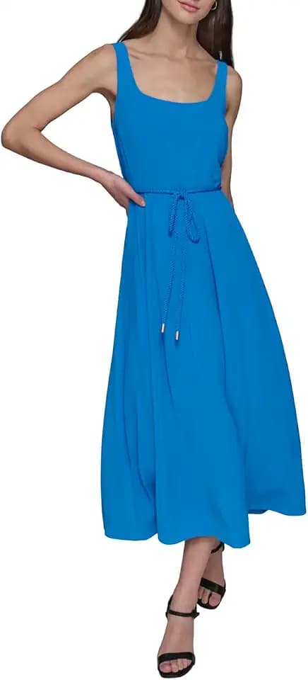 Karl Lagerfeld Women's Sleeveless Scoop Neck Belted A-line Midi Dress