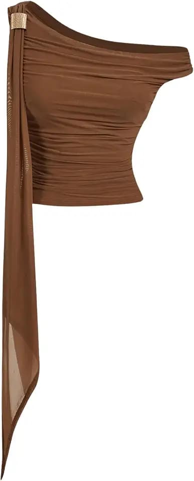 Verdusa Women's Asymmetrical Top Sleeveless One Off Shoulder Ruched Cropped Tops Slim Fit Going Out