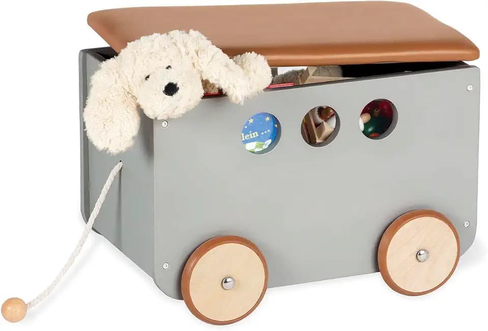 PINOLINO Spielzeugkiste Jim, aus Holz und Kunstleder, mit Zugschnur, gummierten Holzrädern und abnehmbarem Deckel, grau lackiert/Kunstleder braun