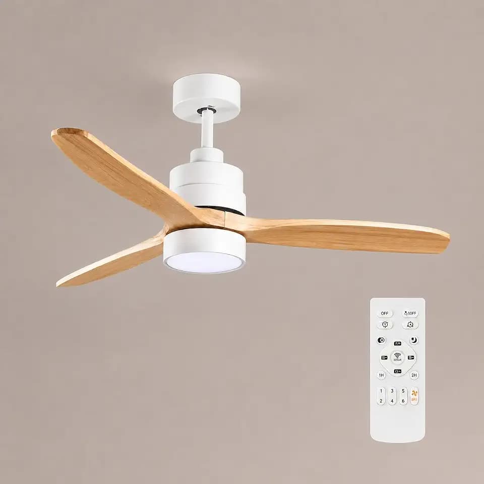 M mimotec LED-Deckenventilator Crazy, 53 W, Weiß, Fernbedienung, Motor DC 35 W + LED-Licht 18 W, 6 Geschwindigkeiten, leise, 3 Flügel aus Naturholz, 132 cm, Sommer-/Winterfunktion, Timer.