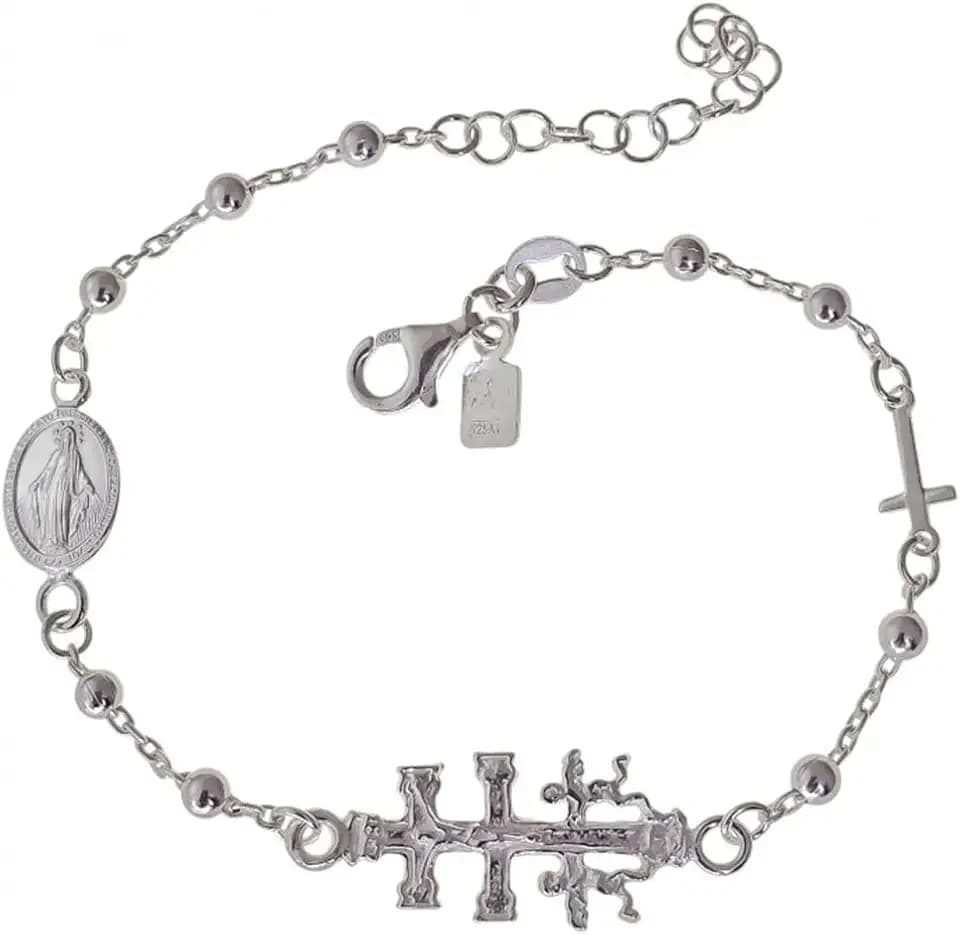Armband mit Anhänger, Kreuz von Caravaca, Kruzifix und Medaille Jungfrau Wundertätige Kügelchen aus Sterlingsilber, Mediano, Sterling-Silber, Kein Edelstein