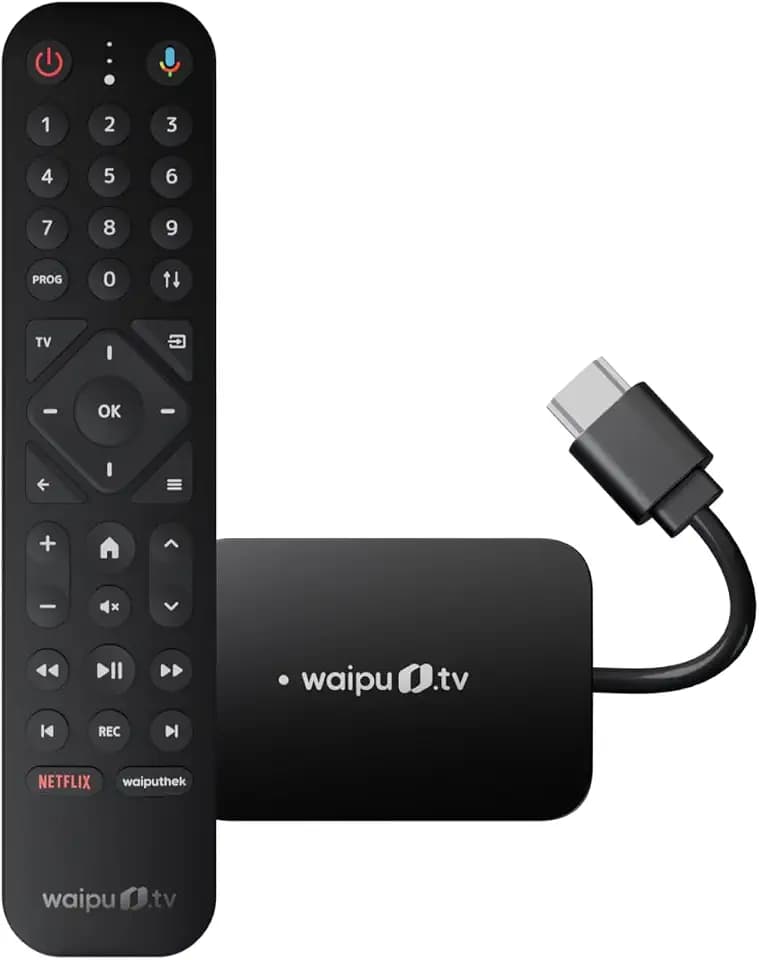 waipu.tv Stick (2. Generation) | Inkl. Fernbedienung mit Beleuchtung | Fernsehen über WLAN | LAN | HDMI | 4K | HDR10+ | Dolby Atmos | Voucher für 3 Monate 300 TV-Sender & 40.000 Filme & Serien