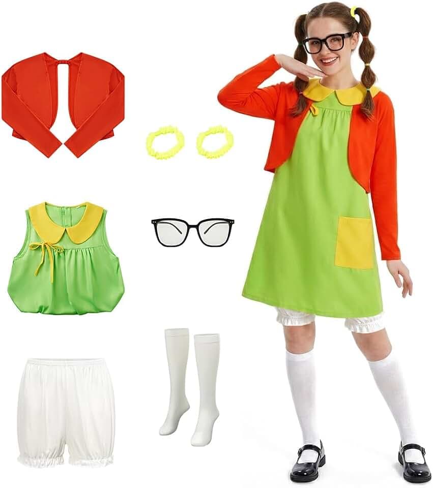 La Chilindrina Costume Dress for Women Green Dress Red Knit Cardigan Shorts Glasses Halloween Cosplay Outfit