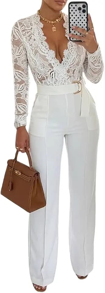 CHICME Womens Floral Lace Jumpsuit Deep V Neck Overalls with Belt