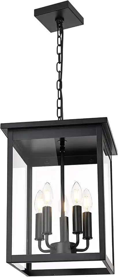 5 Lights Outdoor Pendant Light, Black Outside Chandelier, Exterior Hanging Fixture, Ceiling Mount with Clear Glass Shade Hanging Lantern Light Adjustable Pendant Light for Outdoor Hallway
