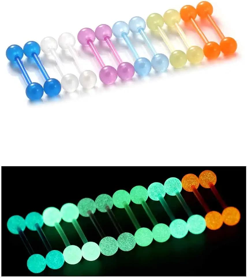 Oufksiyy 14G 16mm 14mm Glow in Dark Flexible Acrylic Straight Tongue Rings Plastic Nipple Ring Retainer Body Piercing Jewelry for Women Men 24PCS(12Pairs 14 Gauge Piercings