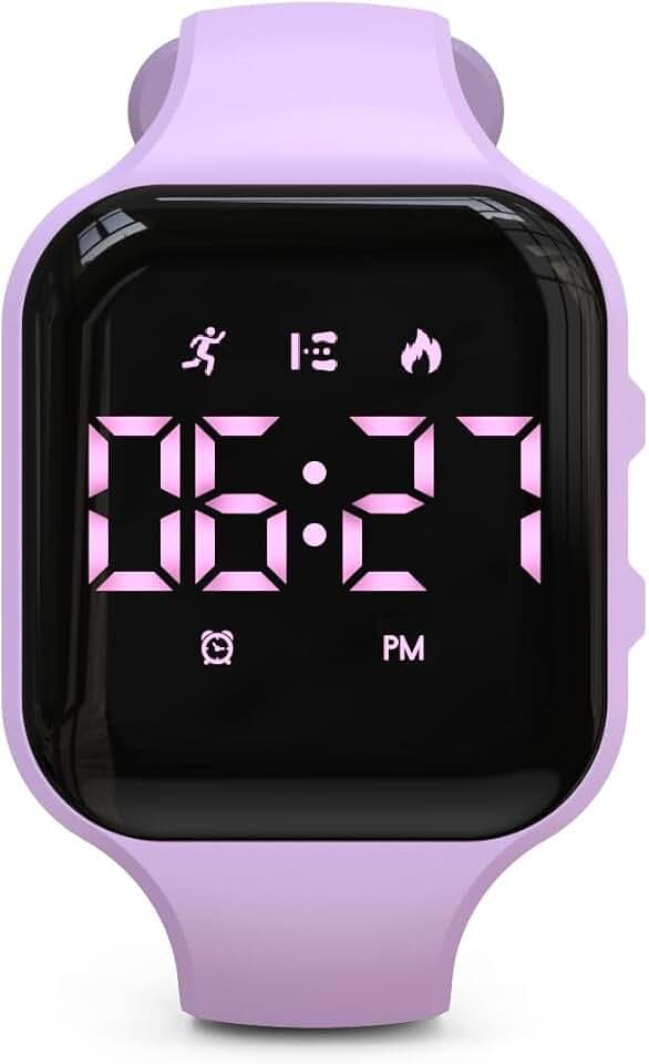 Kinder-LED-Fitness-Tracker-Uhr, Schrittzähleruhr Digitaluhr, Armbanduhr, Schrittzähler/Entfernung/Kalorien/Wecker, Tolles Geschenk für Kinder Teenager Mädchen Jungen (Lila-Quadrat)