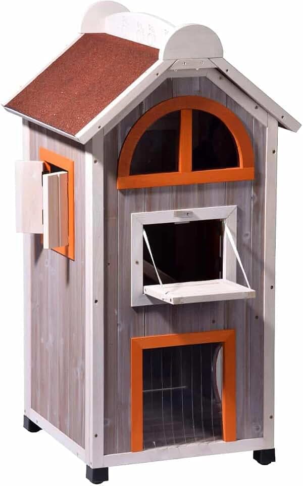 dobar® 55018FSC Katzenhaus "Fancy Cat" - Katzenhütte aus lasiertem Massivholz - Katzenhöhle inkl. Hängematte - Großer Katzenturm für drinnen & draußen - 58 x 55 x 109 cm