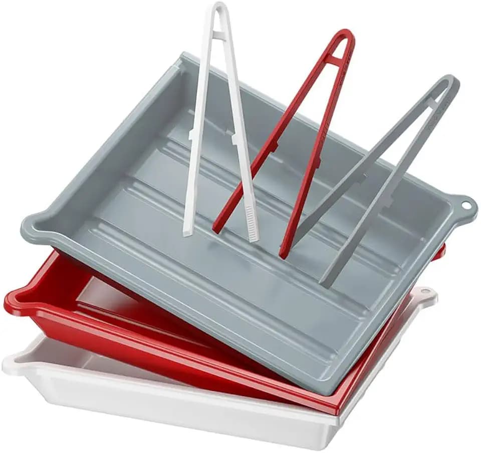 JJC 10x12 Darkroom Photo Developing Tray, Set of 3 w Tong (Gray/White/Red)