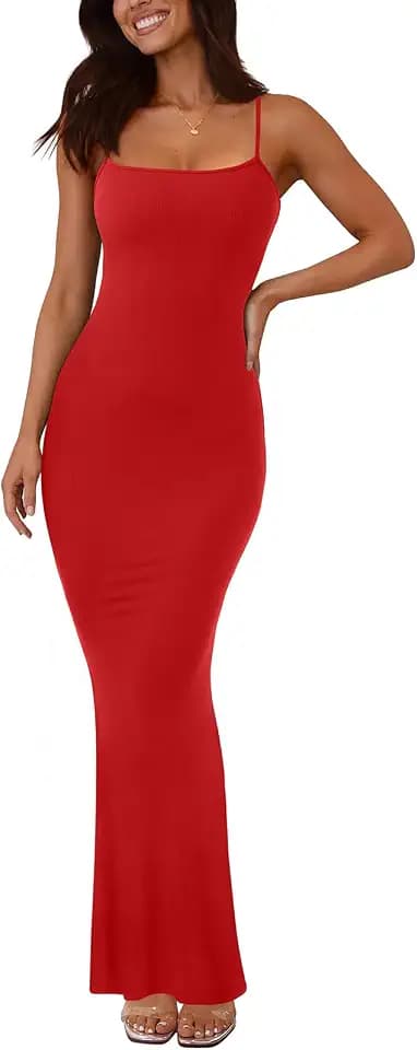 REORIA Women's Basic Sexy Lounge Slip Long Dress Elegant Sleeveless Backless Ribbed Bodycon Maxi Dresses