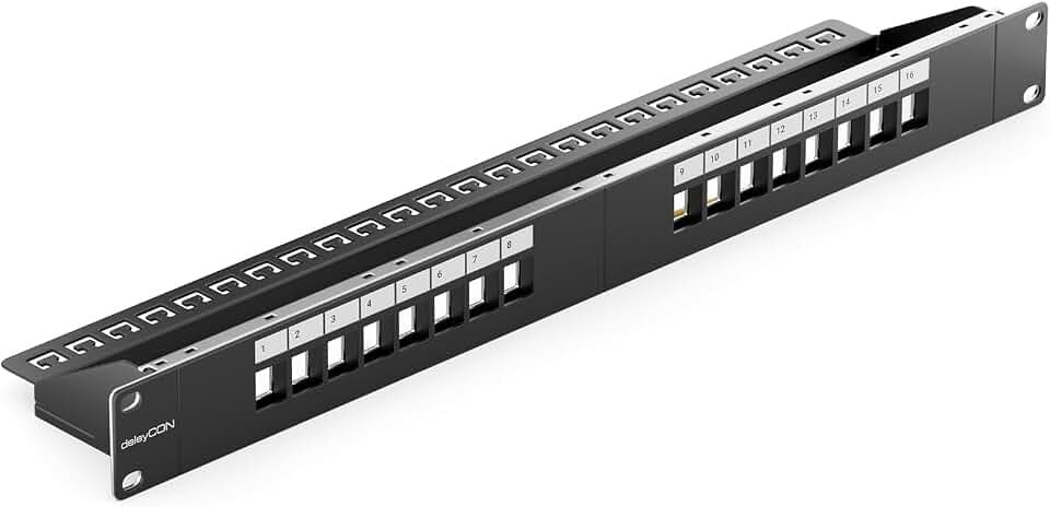 deleyCON 16 Port Patchpanel Patchfeld Modular für Keystone Module 1 HE 19" Zoll Rackeinbau Kompatibel CAT5 CAT6 CAT7 CAT8 LAN Netzwerk Verlegekabel Schwarz