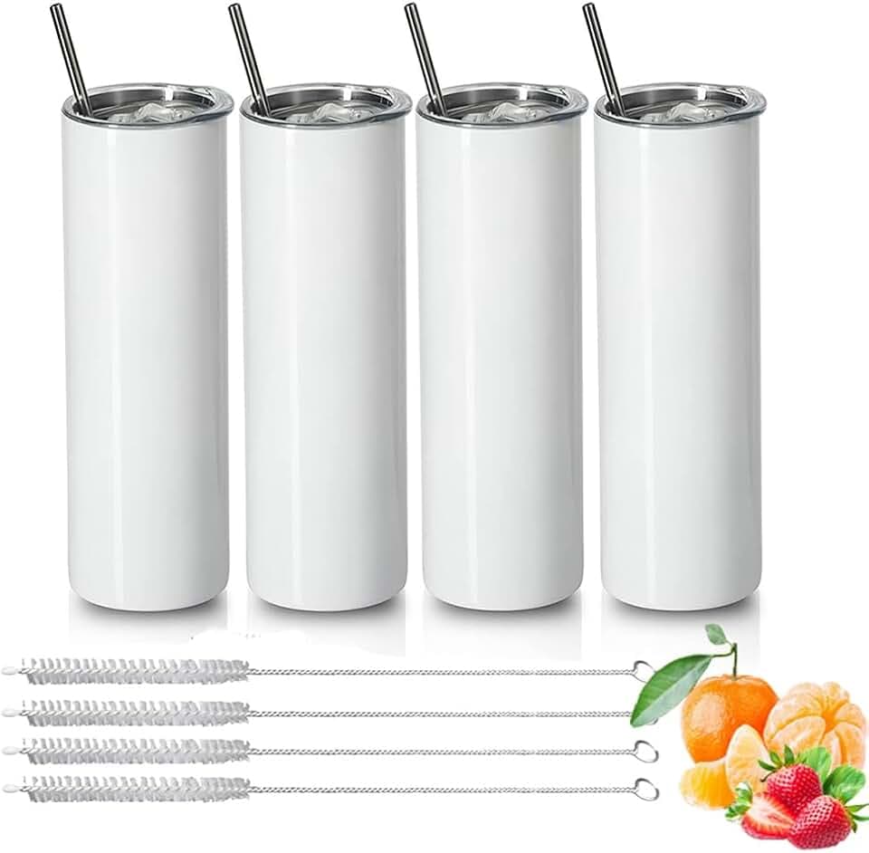 Sublimations Becher 20 Oz Schlank Gerade,Edelstahl Sublimation Rohlinge Skinny Tumbler,Mit Deckel und Stroh Halm,4 Packungen