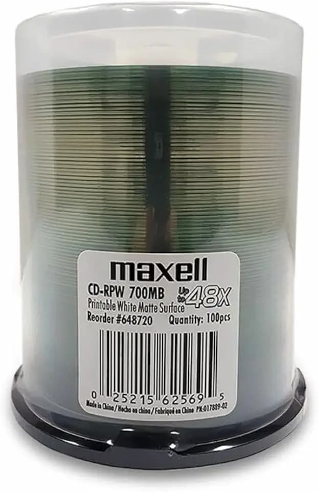 Maxell 648720 Premium Quality Recording Surface 48x Write Speed 700Mb Printable White Matte Disc 100 Pack with