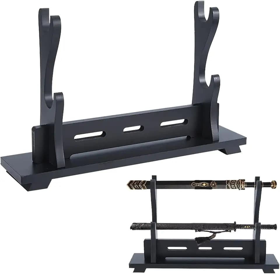 DICOSMETIC 2 Tier Schwertständer Katana Ständer 39.1x8.9x24.5cm Holzschwert Katana Halter Schwarzer Schwertdisplay Halter Aus Holz Für Zuhause Dekor Sammler Männer Ehemann Geschenk