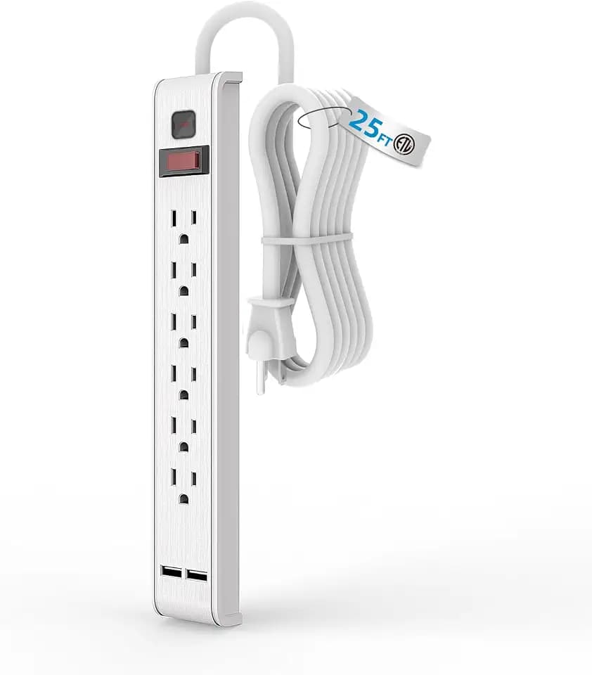 TiFFCOFiO Power Strip Surge Protector with 6 Outlets & 2 USB Ports (25 FT)