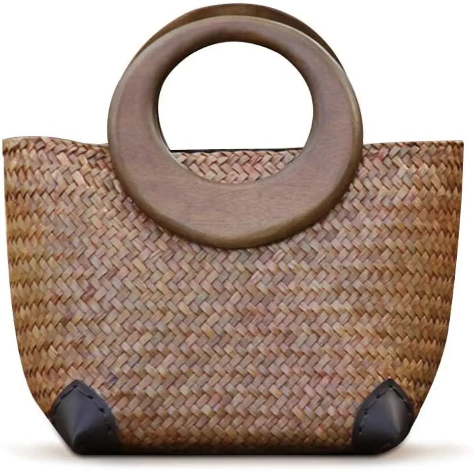 Hand-woven Womens Straw Boho Handbag Bag for Women, Summer Beach Rattan Tote Travel Bag with Wood Round Top Handle (Khaki 2)