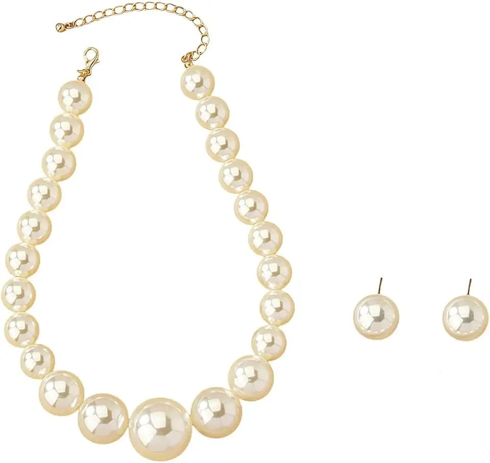 Chunky Pearl Necklace Earrings Set White Big Large Faux Pearl Pendant for Women Prom Bride Wedding Anniversary Party Jewelry Accessory