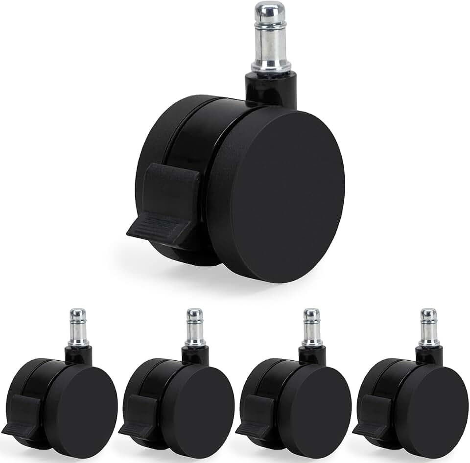 Waytex 78602 Bürostuhlrollen mit Bremse, Durchmesser 60 mm, für Hartböden, Parkett, Laminat, Fliesen – 5 Stück – Farbe Schwarz