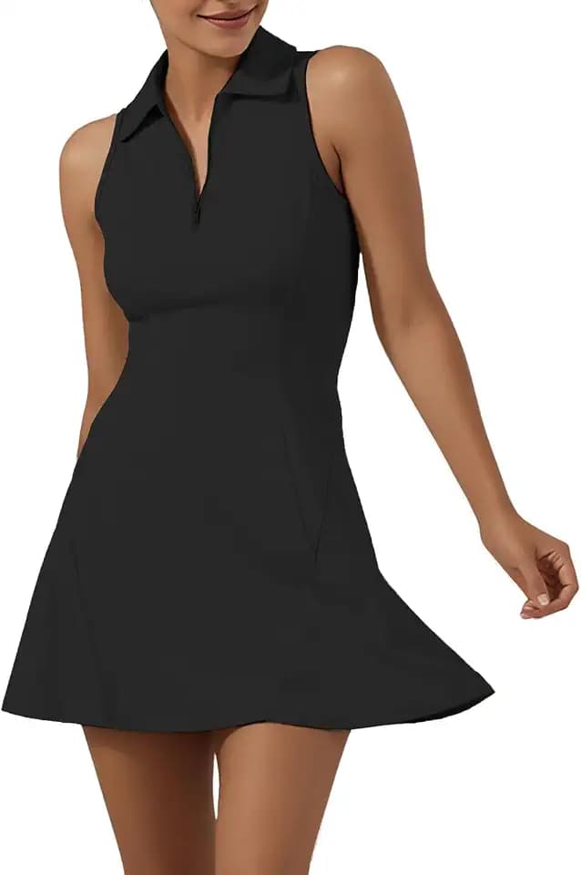 Tenniskleid Damen mit Shorts & Taschen, Ärmelloses Golfkleid mit Polokragen
