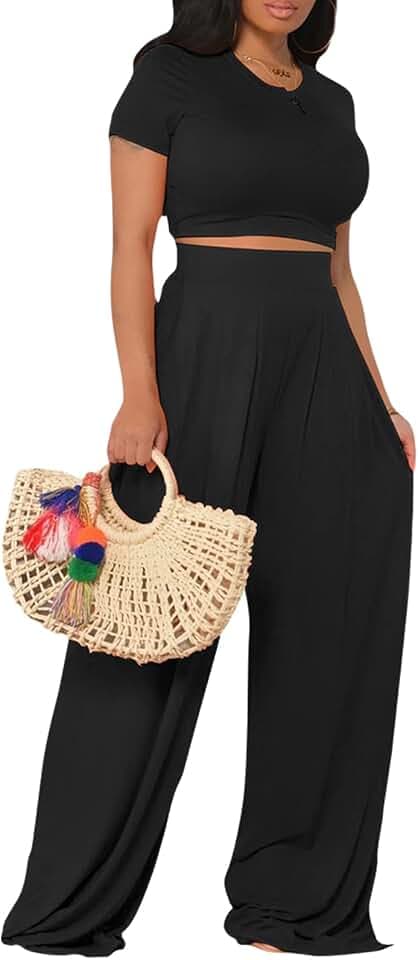 TodTan Two Piece Sets for Women Summer Crop Top Wide Leg Pants Jumpsuits
