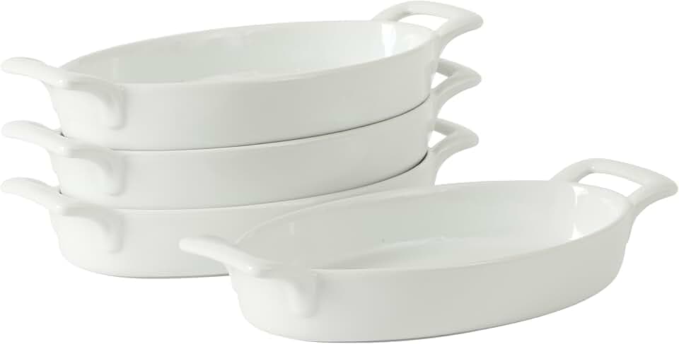 Gibson Home Gracious Dining Oval Au Gratin Baking Dishes, 4-Piece Set – 15 oz Oven Safe Ceramic Small Casserole Dishes with Handles, Microwave & Dishwasher Safe Mini Bakeware, White