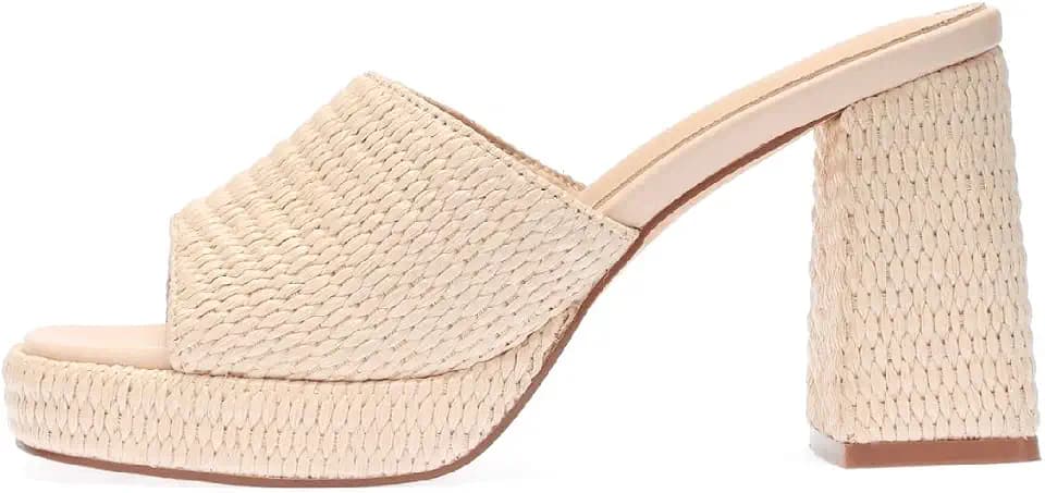 Monrovia Raffia Heeled Sandals for Women，Platform Wedge Slip On Block Heel, Dressy Summer Open Toe Chunky High Heel Vacation Beach Slides Sandals