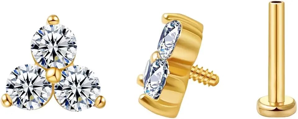 FANSING Cartilage Earring Tragus Stud Trio CZ Stone Flat Back Earring for Helix Conch Internally Threaded Labret Stud