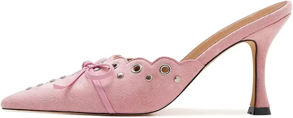 Kitten Heel Mules for Women Bow Tie Suede Stiletto Heels Mule Pointed Toe Studs Slide Heeled Sandal Pumps for Wedding Dress Party