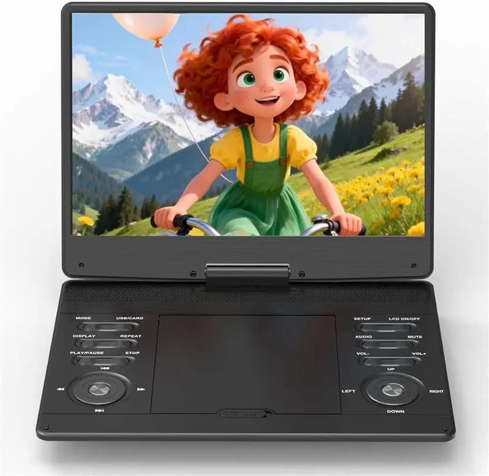 PJGCWB 14.9" Portable DVD Player with 13.3" Full View HD Screen, 5-Hours Rechargeable Battery, Car DVD Player for Kids, Black, USB Connectivity, LCD Display (Inches, 13.3)
