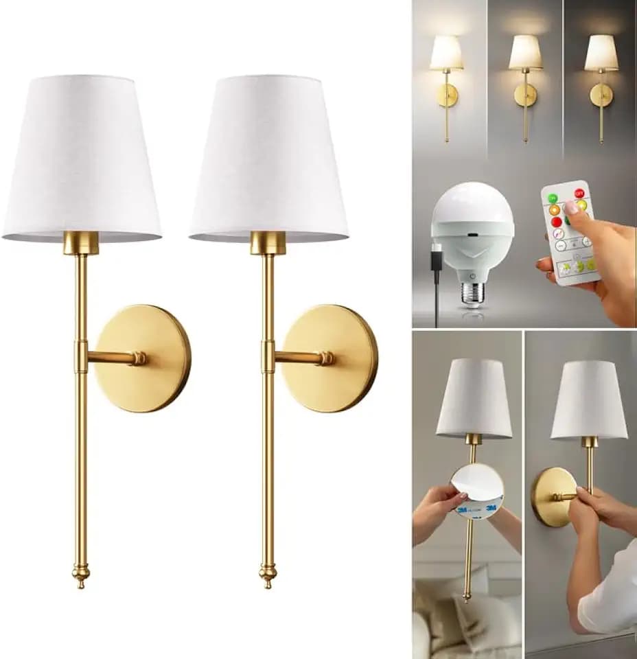 PRIDOLA Set of 2 Wireless Wall Sconces – Stick-On or Screw Mount - Rechargeable LED Bulbs, Remote Controlled, Adjustable Brightness & Warmth, Easy Installation, Living Room Wall Decor (Gold)