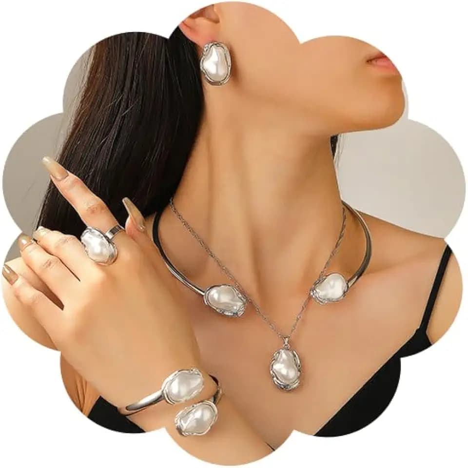 Baroque Pearl Jewelry Set for Women, Irregular Pearl Necklace Earrings Bracelet Ring Multi-piece Jewelry Set for Daily Outing Party
