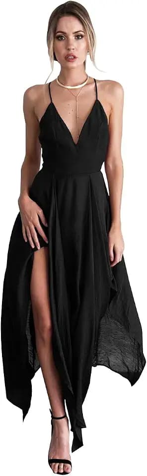Damen Kleider Sexy Rückenfrei Midikleid Spaghettiträger Partykleid V-Ausschnitt Kleider mit Schlitz Cocktailkleider Elegant Abendkleider Ärmellos