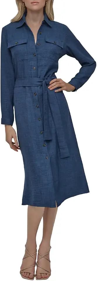 DKNY Women's Long Sleeve Collared Tie Waist Midi Shirtdress