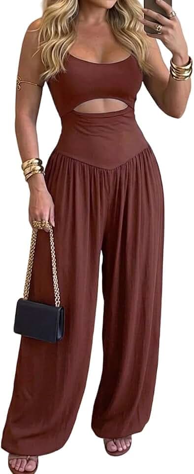 CHICME Wide Leg Jumpsuits for Women U Neck Cutout Tie Back Romper
