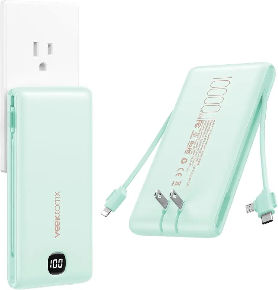 VEEKTOMX 10000mAh Portable Charger with Built-in Cables & Wall Plug