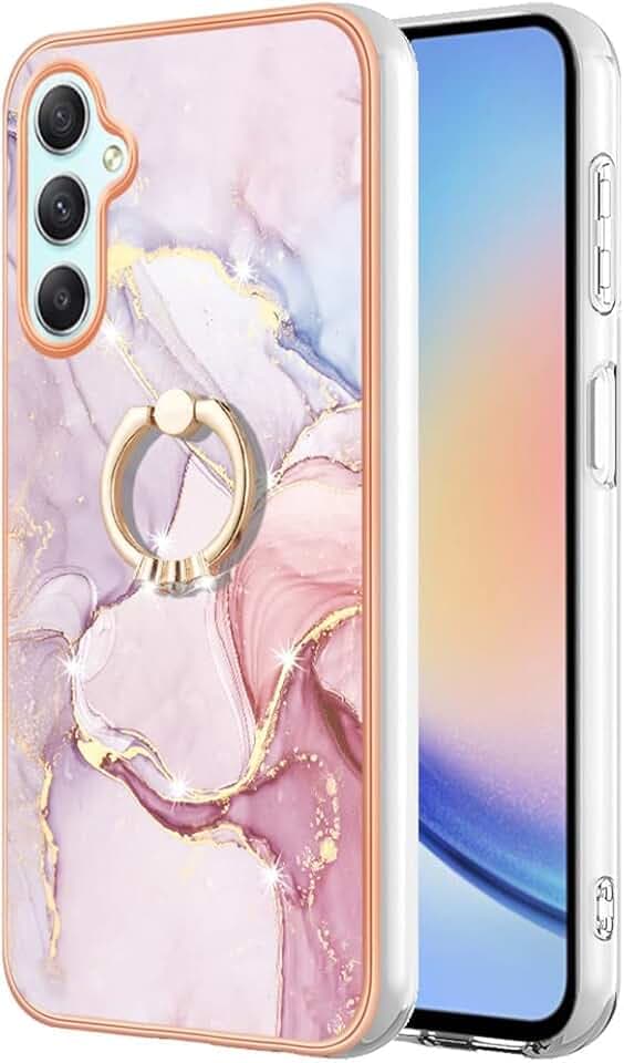 Slim Case for Samsung Galaxy A24 4G, Soft TPU IMD Marble Pattern Shiny Ring Kickstand Case for Girls and Women, Camera and Screen Protection Case for Samsung Galaxy A24 4G,BKZH Rose Gold
