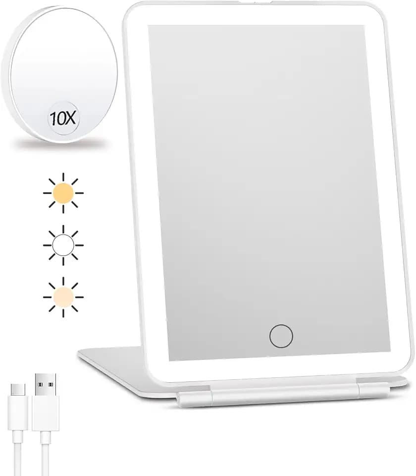 FUNTOUCH Wiederaufladbarer Kosmetikspiegel mit einem kleinen 10x Vergrößerungsspiegel, 2000mAh Reisespiegel mit Beleuchtung, 3 Farblichter Schminkspiegel, Ultraschlanker Tragbarer Make up Spiegel