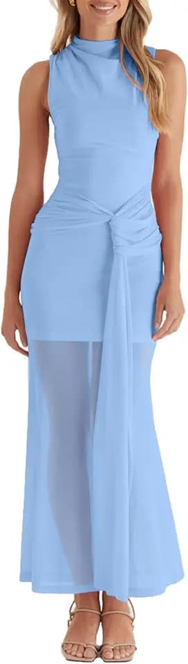 OWIN Women’s Bodycon Long Maxi Dress Elegant Sleeveless Mock Neck Ruched Mesh Sheer Hem Cocktail Wedding Guest Dress