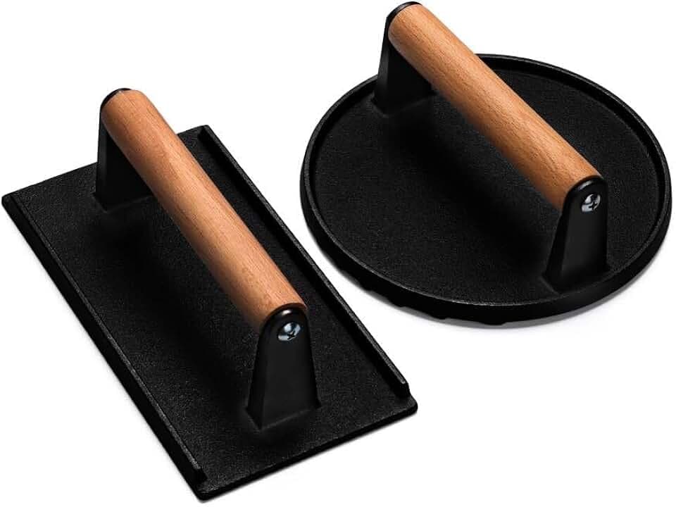 Burger Press, 7" Round & 8.2"X4.3" Rectangle Heavy-Duty Cast Iron Smash Bacon Press Meat Steak With Wood Handle for Griddle, Sandwich, Nonstick Pan