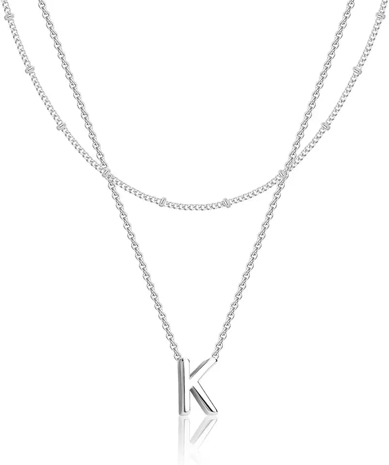 Poxtex Initial Necklaces for Women 14K Gold Silver Plated Letter Jewelry Non Tarnish Layered Dainty Cute A-Z Pendant Choker Necklace Waterproof Trendy Name Necklace Personalized Jewelry Gift for Women