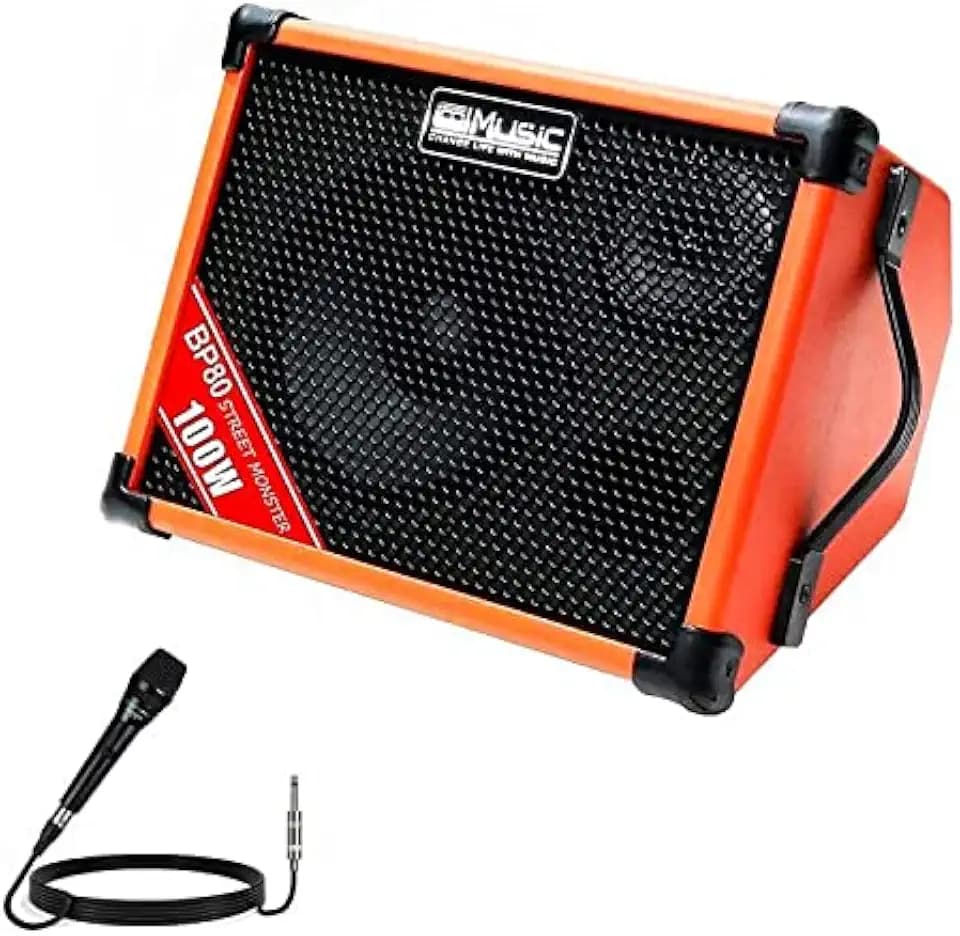 Coolmusic BP80 Batteriebetriebener Akustikgitarren-Verstärker, tragbarer Bluetooth-Lautsprecher, Straßenmusik-Verstärker,100 W, 6 Eingänge, 3-Band-EQ