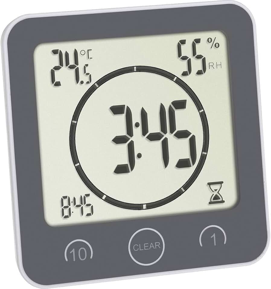 TFA Dostmann Bad-/ Küchenuhr mit Timer, 60.4001.10, Befestigung ohne Bohren, Zeit bis 99min, spritzwassergeschützt, inkl Thermo-Hygrometer, grau, (L) 106 x (B) 41 (52) x (H) 109 mm