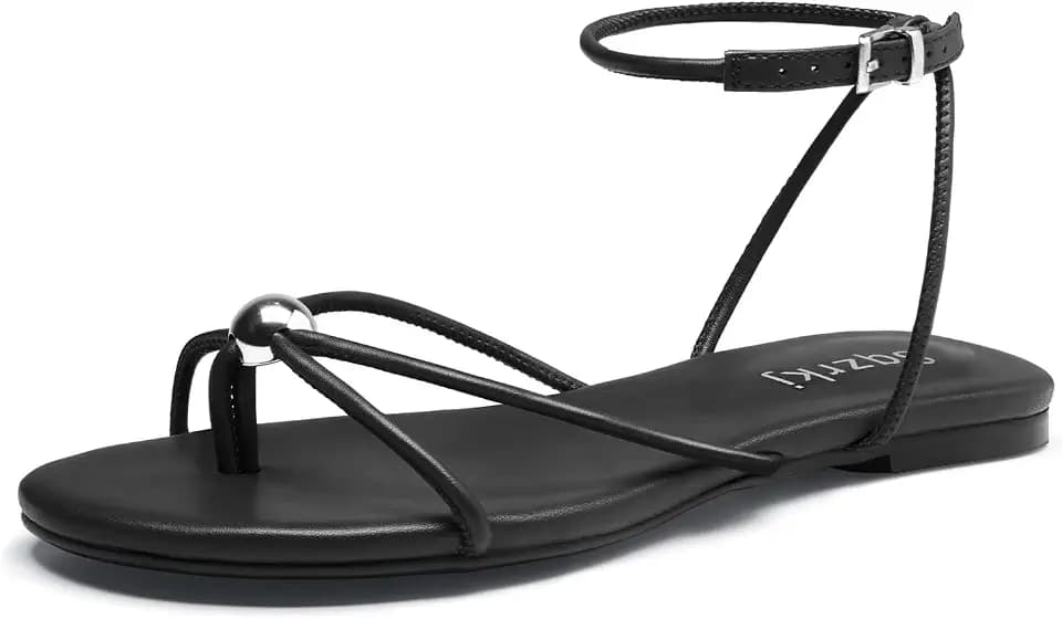 Strappy Flat Sandals for Women Comfortable Open Round Toe Ankle Strap Thong Flip Flops Sandals Summer Beach Dressy Shoes Black Size 8.5